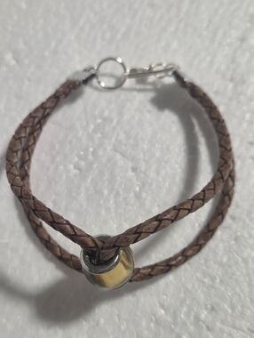 Handcrafted Braided Brown Leather Double-Strand Bracelet with Gold Accented Bead